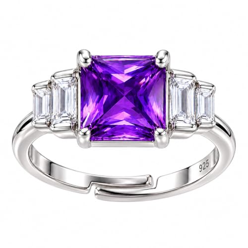 Image of KYAT 925 Sterling Silver Adjustable Ring for Women | Square Princess Cut Purple Amethyst Zircon Stone | Baguette CZ Side Stones | Valentine Gift, Birthday Gift for Girls | Free Size Ring