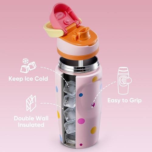 Image of Fijinhom 16 oz Insulated Water Bottle,Stainless Steel Sports Water Bottle with Straw, Double Wall Vacuum Leak Proof, Cold for 24 Hours, BPA Free for Travel, Sport, Outdoor, Polka dot
