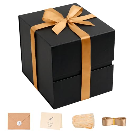 Image of LIFELUM Square Gift Box with Magnetic Lid, Card, Sticker, Ribbon, Shredded Paper Filler for Business, Wedding, Birthdays (Black, square - 8.6 inch, 1 count (Pack of 1))
