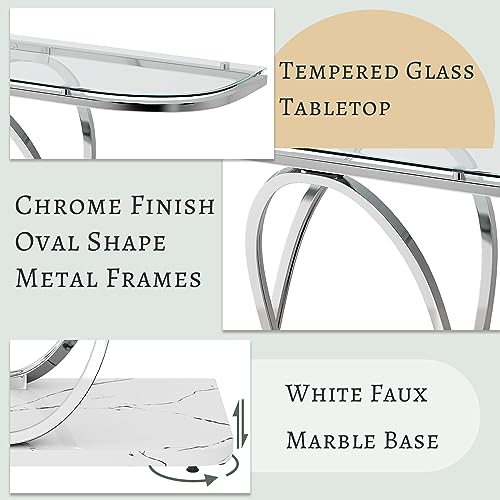 O&K Furniture Glass Console Tables For Entryway,Silver Entryway Table With Oval Frames And Marble Base,Chrome Entrance Table Glass Sofa Table For Living Room,Hallway,Silver Glass&White Faux Marble thumb #4