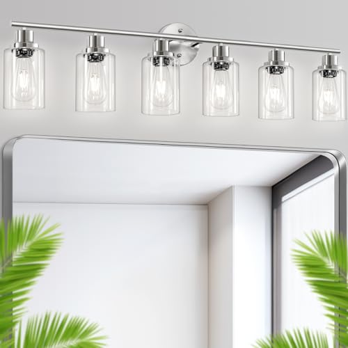 Image of 6-Light Nickel Bathroom Vanity Lights, E26 Modern Bathroom Light Fixtures with Clear Glass Shade, Wall Lamps for Mirror Hallway Kitchen Cabinet Living Room Sconces Lights