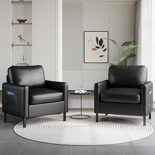 STHOUYN Black Faux Leather Accent Chair Set of 2 with Arms, Modern Small Accent Office...