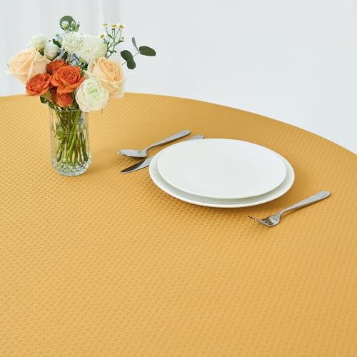 Image of maxmill Round Weaved Texture Design Tablecloth Spill-Proof Wrinkle Free Soft Washable Table Cloth for Circular Table Cover, for Dining Room Banquet Parties Holiday Dinner, 90 Inch Ochre Yellow