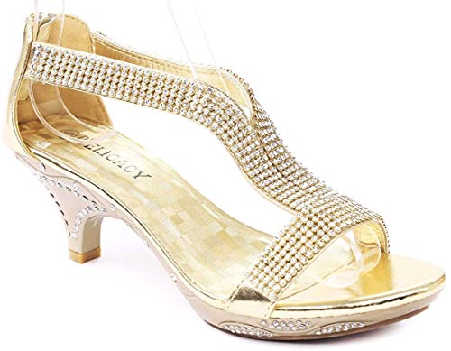 J.J.F Lety73 - Sandalias de tacón bajo para mujer con tiras en T y diamantes de imitación, Dorado (Dorado), 39 EU