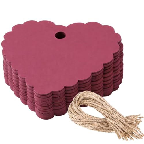 Image of CVANU (50-PCS) Decorative Heart Shape Color Paper Tags & Finish Cut Hole for Hanging with Jute Rope for Gift & DIY Crafts| Message Note| Labeling & Writable (2.16x2.36inch) Maroon