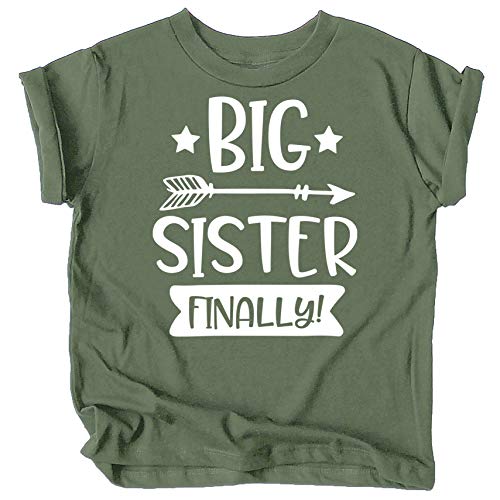 Olive Loves Apple Big Sister Finally Sibling Announcement Shirts for Baby and Toddler Girls Sibling Outfits Military Green Shirt