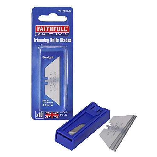 Faithfull Heavy-Duty Trimming Knife Blades with Plastic Dispenser, Made in the UK – Pack of 10