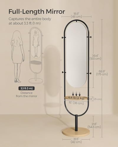 Image of Full-Length Floor Mirror, 3-in-1, Modern Standing Full Body Mirror, Inspired by Original Award-Winning Design, 16.5 x 18.9 x 68.9 Inches, Living Room, Bedroom, Oak Beige and Ink Black