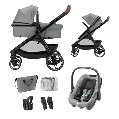 Maxi Cosi Zelia Select Trio Baby Stroller 3 in 1 with Car Seat 0-4 Years (0-22 kg) One-Hand Fold Compact and Reversible Pushchair Travel System with CabrioFix S i-Size Baby Car Seat Grey