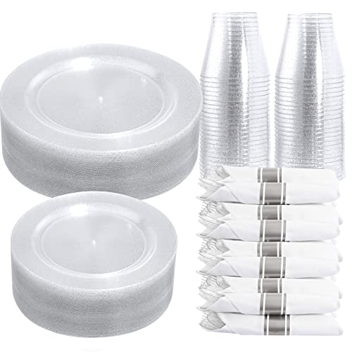 Dayammi 350 Pieces Silver Glitter Dinnerware Set 50 Guest For Party- 50 Dinner Plates, 50 Dessert Plates- 50 Per Rolled Napkins With Silver Cutlery- 50 Disposable Cups 9 Oz #TOP23