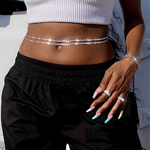 Relbcy Boho Crystal Layered Waist Chain Belly Body Chain Festival Body Jewelry Summer Beach Waist Accessories for Women and Girls (2 Layers Silver)