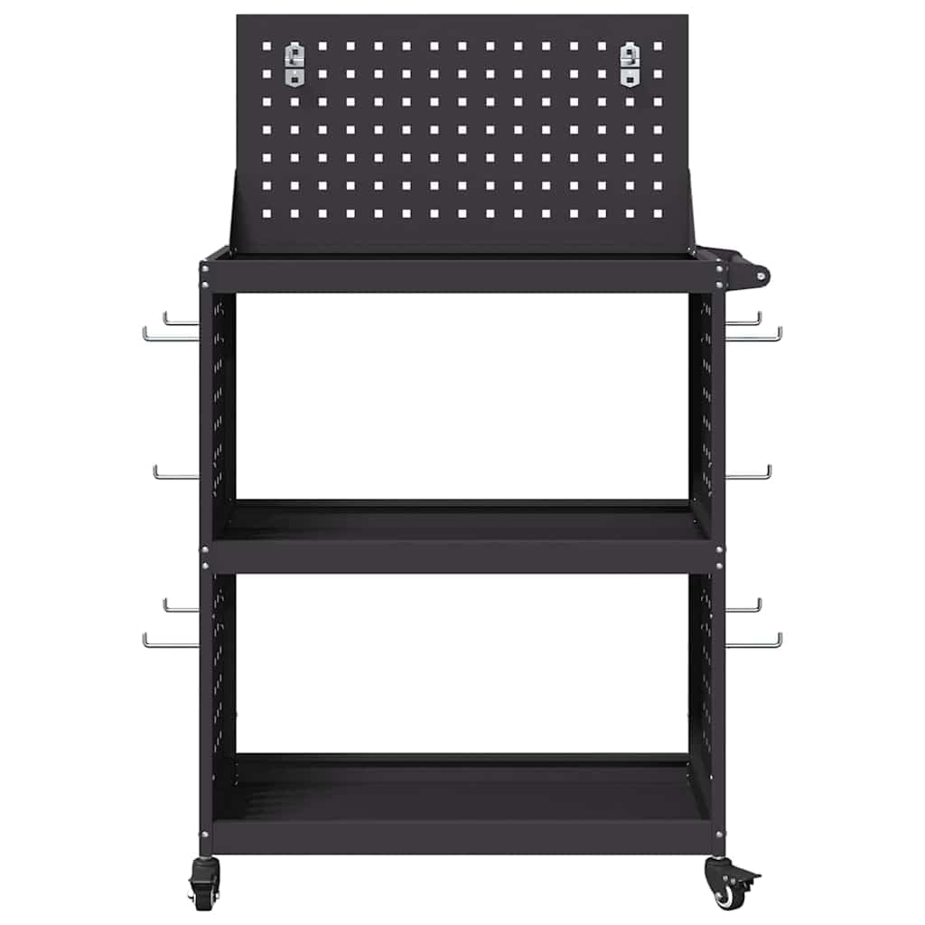 Wózek narzędziowy czarny ze stali walcowanej na zimno 65 x 35 x 111 cm z 3 półkami, 12 haków, blokowane kółka do warsztatu, garażu, dla majsterkowiczów i warsztatu, organizacji