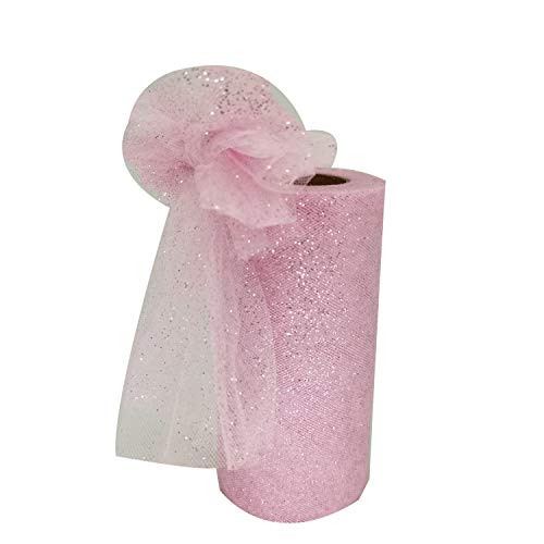 Glitter Tulle Fabric Ribbon Rolls, 6 Inch by 25 Yards (75 feet) SparklingTulle Spool (6"25Yards, Pink)