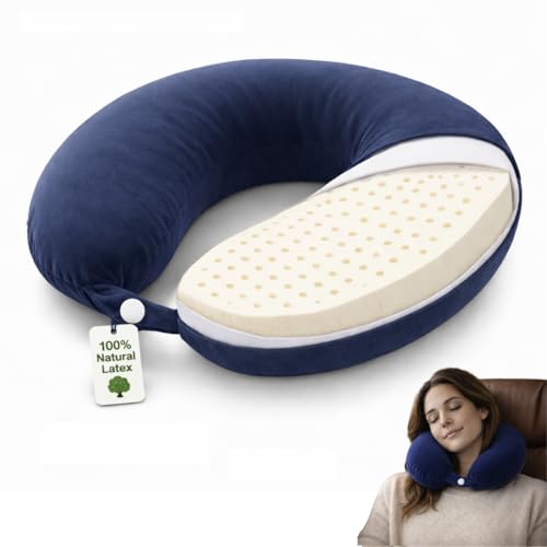 Image of DREAMZEE 100% Natural Latex Travel Pillow for Neck Support | Orthopedic Travel Neck Pillow Car & Flight Use | Breathable Cooling Neck Rest Travelling Pillow for Sleeping (Pack of 2 - Navy Blue)