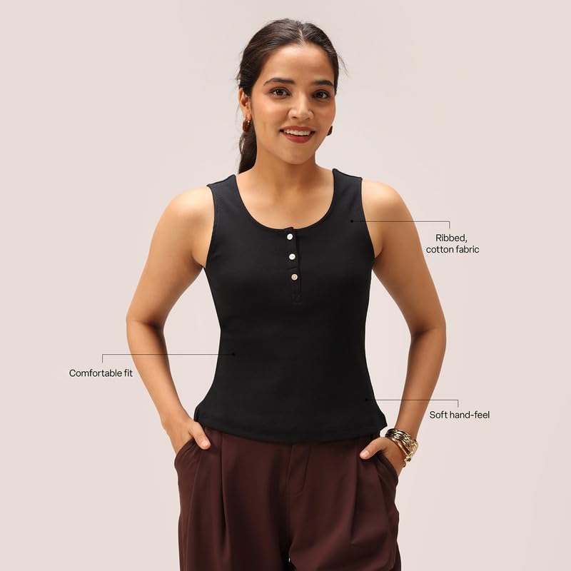 BlissClub Blissentials, canotta da donna Henley con scollo rotondo, con 3 bottoni, tessuto elasticizzato, vestibilità comoda, essenziale per tutti i giorni