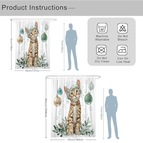 Rideau de douche extra long motif chat vert d'hiver lavable 183x243 cm