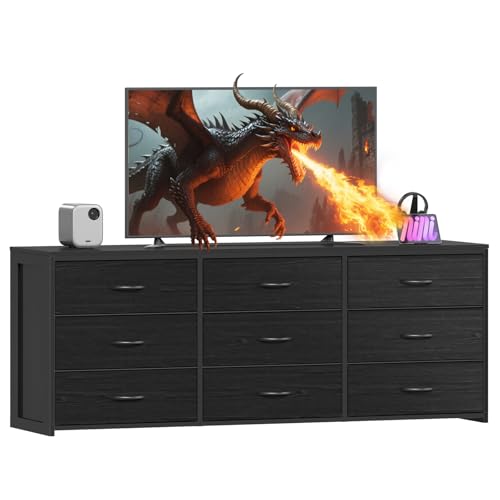 OURPIC 9 Drawer Dresser for Bedroom, Entertainment Center TV Stand for 75 Inch TV, 63” Long Black Dresser for Closet, Living Room, Fabric Drawer Organizer, Large Capacity, Wood Top Side, Metal Frame