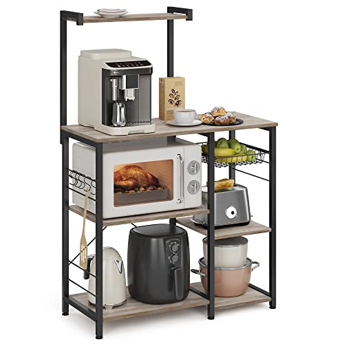 VASAGLE Baker's Rack, Microwave Stand, Kitchen Storage Rack with Wire Basket, 6 Hooks, and Shelves, for Spices, Pots, and Pans, Heather Greige and Ink Black UKKS035B02 Heather Greige + Ink B