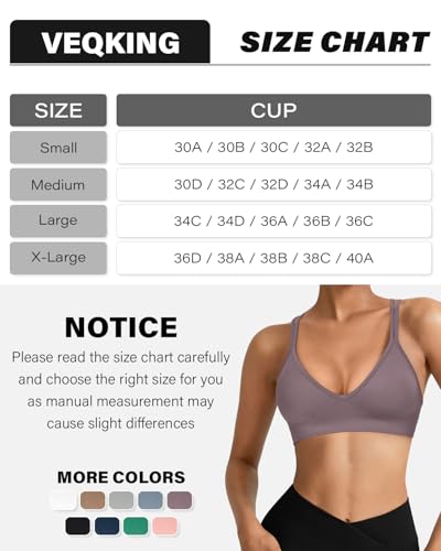 Image of VEQKING Seamless V-Neck Cross Back Women Sports Bra for Small Chest, 3 Pack | Made for A-C Cups, Spaghetti Straps, Removable Padded, Comfort Wireless for Low Impact Workout: Yoga, Lounging & Daily Wear