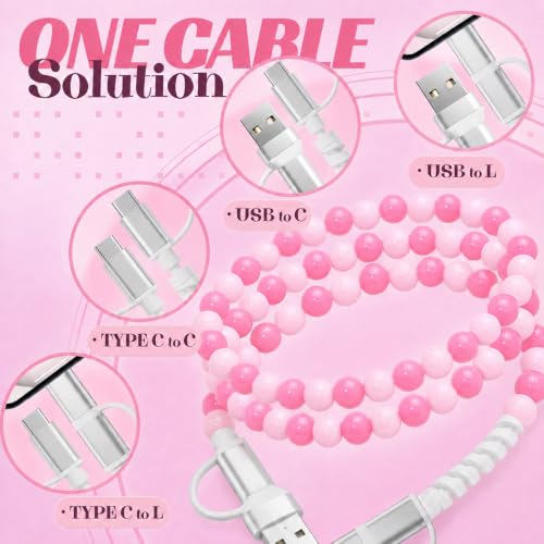 Image of 4-in-1 Beaded Charging Cable, MFi Certified, Works with CarPlay, 3.3FT 60W Fast Charger Cord for iPhone 17 /16 /15 /14 /13 /12 /11, iPad, Samsung, Android and More (Pink Swirl)