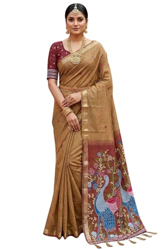 Image of SGF11 Women's Soft Cotton Linen Silk Saree With Unstitched Blouse Piece