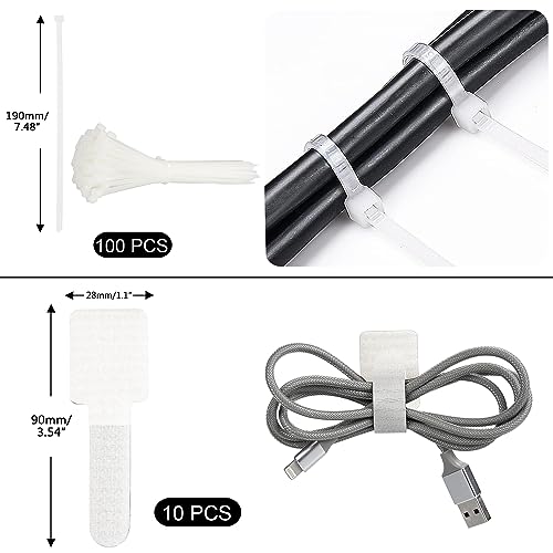 SOULWIT 200PCS Cable Management Kit,4 Cable Sleeves,37 Cable Clips,7 Cable Holders,10 Zip Tie Mounts,20 Cable Clip Nails,100 Cable Fastening Ties,20+2 Roll Cable Straps for TV PC Computer Under Desk