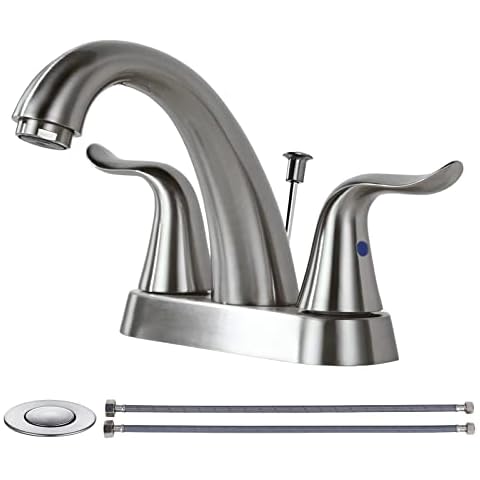 WOWOW Bathroom Faucet 2 Handle 4 Inch Centerset Bathroom Sink Faucet, Lead-Free Basin Mixer Tap with Lift Rod Drain Stopper, 2 Handle Centerset Lavatory Faucet Brushed Nickel Vanity Faucet Cover