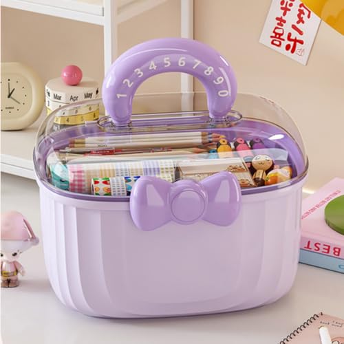 Image of Noamus 10 inch Multipurpose Storage Box with Removable Tray, 2 Layer Cute Hair Accessories Organizer, Clear Plastic Folding Craft Case for Headbands, Sewing, Clips Ties Supplies, Purple