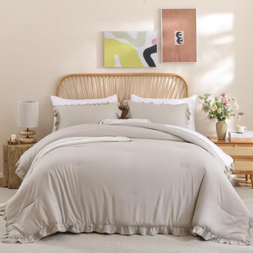 Image of JANZAA Full Size Comforter Ruffled Oatmeal Soft Vintage Farmhouse Bed Comforter Set Shabby Fluffy 3PCS Bedding (1 Comforter Set and 2 Pillowcases)