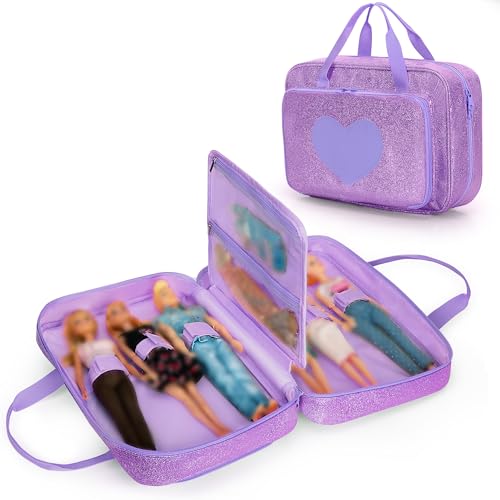 LoDrid Doll Carrying Case Compatible with Barbie Dolls 12-Inch, Storage Organizer with Handle Holds up to 6 Dolls, Multiple Pockets for Accessories, Purple, Bag Only