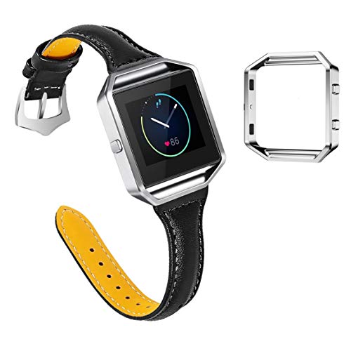 Jiarusig Compatible with Fitbit Blaze Bands with Metal Frame, Genuine Leather Slim Blaze Strap Replacement Wristband Large Small Smart Watch Band for Women Men Compatible with Fitbit Blaze
