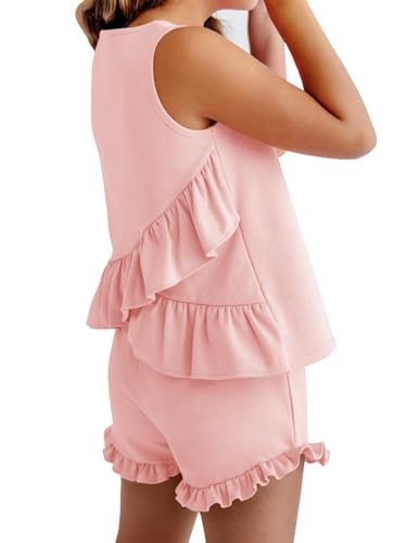 Haloumoning Girls Summer Clothing Sets Ruffle Tank Tops and Shorts Cute 2 Piece Outfits 3-10 Years