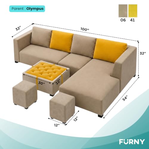 Image of FURNY Olympus 8 Seater RHS L Shape Sofa Set | Plush Velvet Suede Fabric | Modern Design | Soft Comfort Dual Color Cushions for Living Room, Office & Hotels (Beige-Yellow)