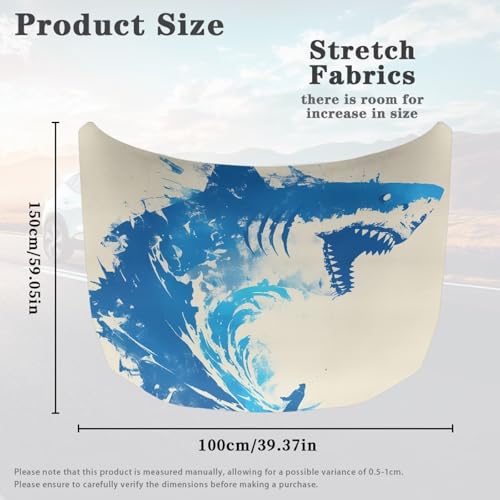 Image of Wild Shark Great Wave Car Hood Cover Protector Vehicles Sedans Trucks SUVs, Blue Shark Aesthetic Art Stretchable Auto Accessories, Ocean Surfing Lover Car Bonnet Banner