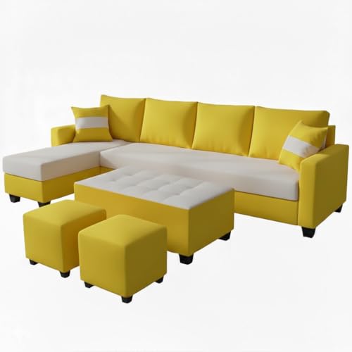 Image of CASASTYLE Adonway 8 Seater Fabric LHS L Shape Sofa Set (Light Grey-Yellow) Premium Velvet Finish | Ideal for Living Rooms