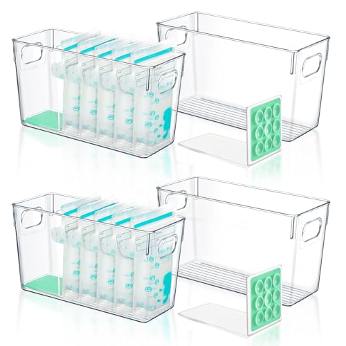 Image of Chunful 4 Set Breastmilk Storage Containers for Freezer Fridge with L-shaped Compressor, Stores up to 48 Breast Milk Bags for Flattening Breast Milk Bags, Transparent Organizer Bins 11" Long 2mm Thick