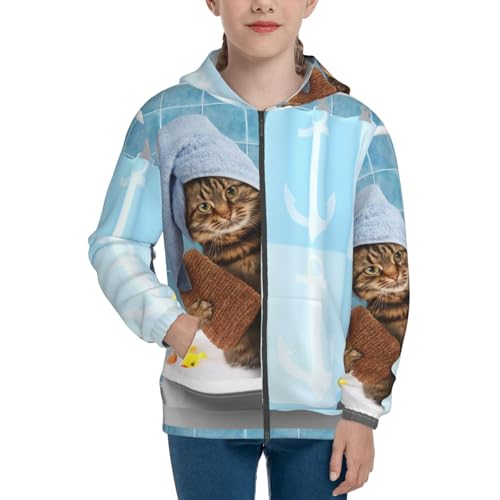 Funny Cat Taking a Bath Kids Pullover Hoodies Boys Zip Up Sweatshirts Girls Athletic Clothes with Pocket3