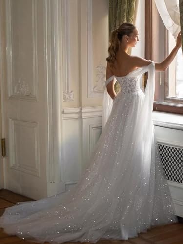 Sparkle Tulle Wedding Dresses for Bride Long Lace Applique Off Shoulder Outdoor Beach Princess Wedding Gowns Dress2