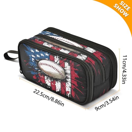 Image of American Flag Baseball Pencil Case 3 Compartment Pen Bag Pouch Holder Box School Portable Stationery Storage Bag for Girls Boys