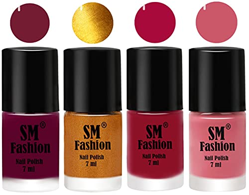 Image of Nail Polish Combo Set (Pack of 4) Quick Dry Gel Finish Nail Paint | Mulberry,Golden,Raspberry,Nude Pink | 7 ml Each