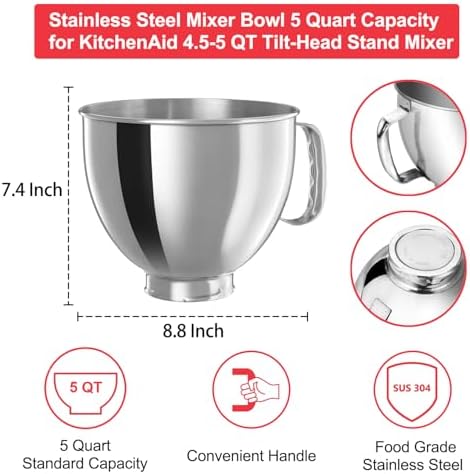 Stainless Steel Bowl for KitchenAid Classic&Artisan Series 4.5-5 QT Tilt-Head Mixer, 5 Quart 304 Stainless Steel Bowl with Handle, Dishwasher Safe - Thumbnail 2