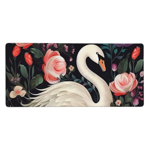 Tapis de souris long 90x40 cm cygne floral pour embellir le télétravail
