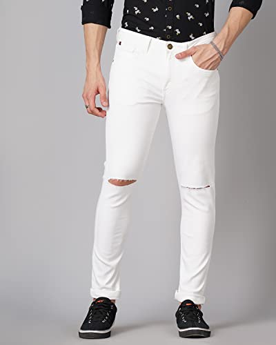 Image of Hardsoda Men's Cotton Poly Lycra White Solid Slim Fit Jeans