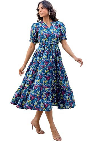 Image of LABEL ADRIJA Pure Cotton Calf Length Midi Dress for Women Floral Print | Flared Anarkali Dress Puff Sleeves
