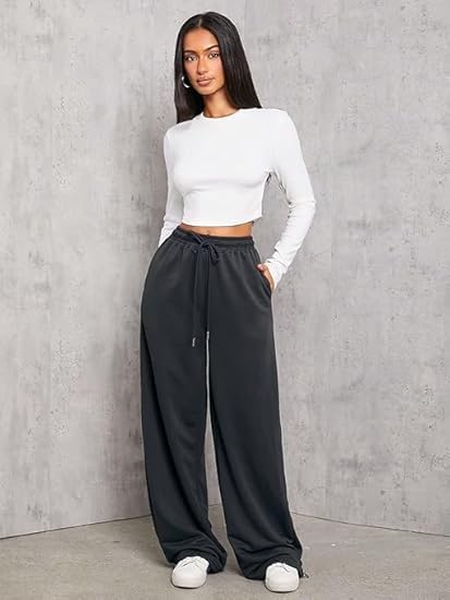 Image of Women's Wide Leg Sweatpants - High Waisted Baggy Joggers with Pockets, Oversized Cinch Bottom Lounge Pants, Cotton Blend Relaxed Fit Streetwear Trousers
