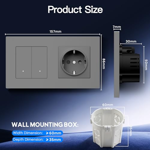 BSEED Smart Zigbee Schalter mit Normal Steckdose, Smart Lichtschalter mit Steckklemme, Funktioniert mit Alexa & Google Home, PC Rahmen, Zigbee Hub & Neutralleiter Erforderlich, 2 Fach 1 Weg, Grau
