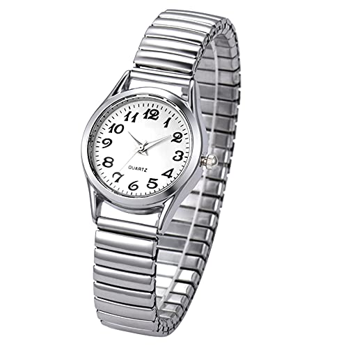 JewelryWe Women's Ultra Thin Easy Reader Watch with Elastic Strap, Golden/Silver Watch