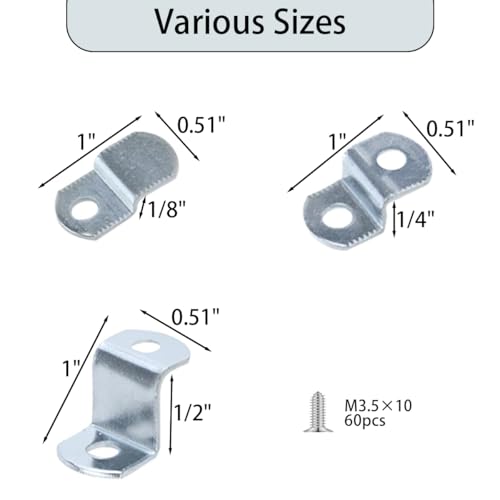 Image of 60 pcs Canvas Offset Clips for Picture Framing with Screws Framing Mirror Clips Kit (20 pcs Each of 1 /8 inch,1 /4 inch,1 /2 inch )