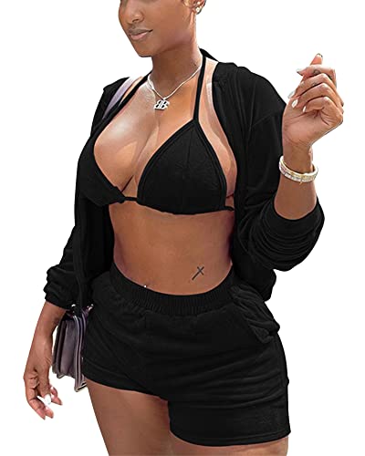 MOEENCN Women Sweatsuits Sets 3 Piece Outfits, Velvet Tracksuit Long Sleeve Hooded Zipper Jacket and Velvet Shorts Send Bra