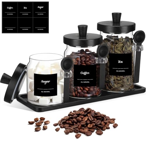 Image of Suclain 3 Pcs Glass Coffee Container Set, 13.5,20,25 oz, Black Bamboo